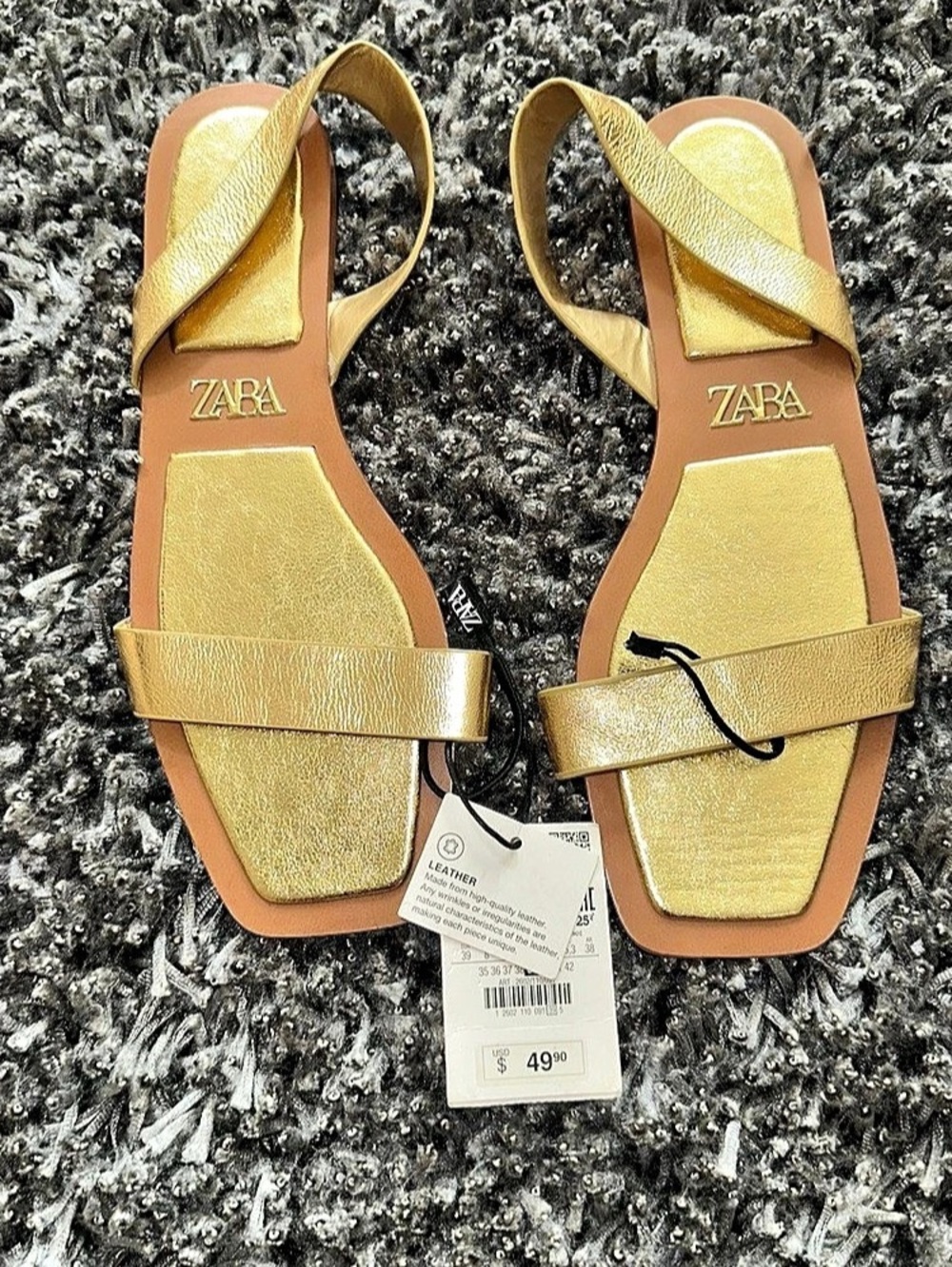 Zara Flat Leather Sandals with Slingback Gold EU 39